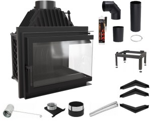 Zestaw 3: Wkład kominkowy powietrzny żeliwny z szybrem Simple Z/S prawy BS + dolot fi 100, wylot fi 200 , moc 15kw + akcesoria 