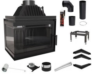 Zestaw 3: Wkład kominkowy powietrzny żeliwny z szybrem Simple Z/S lewy BS + dolot fi 100, wylot fi 200 , moc 15 kw + akcesoria  