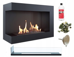 biokominek narożny DELTA  lewa 700 czarny z szybą z certyfikatem TÜV + kamyki zielone