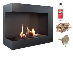 biokominek narożny DELTA  lewa 600x280 czarny z certyfikatem TÜV + brązowe kamyki