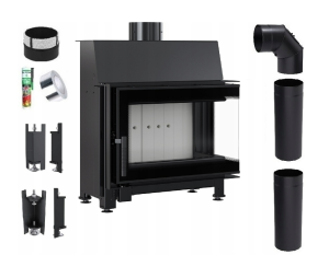 Zestaw 1: Wkład kominkowy powietrzny stalowy Simple S prawy BS + dolot, termotec, pojedyncza szyba typu glass, wylot fi 150, moc 6 kw + akcesoria