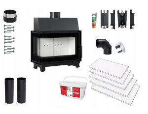 Zestaw 4: Wkład kominkowy powietrzny stalowy Simple S lewy BS + dolot, termotec, pojedyncza szyba typu glass, wylot fi 150, moc 6 kw  + akcesoria 