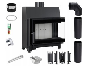 Zestaw 1: Wkład kominkowy powietrzny stalowy Simple S prawy BS + dolot z przejściem na rurę fi 125, termotec, pojedyncza szyba typu glass, wylot fi 150, moc 6 kw + akcesoria