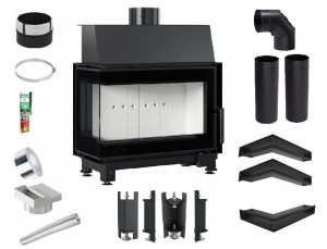Zestaw 2: Wkład kominkowy powietrzny stalowy Simple S lewy BS + dolot z przejściem na rurę fi 125, termotec, pojedyncza szyba typu glass, wylot fi 150, moc 6 kw + akcesoria
