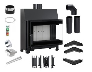 Zestaw 2: Wkład kominkowy powietrzny stalowy Simple S prawy BS + dolot z przejściem na rurę fi 125, termotec, pojedyncza szyba typu glass, wylot fi 150, moc 6 kw + akcesoria 