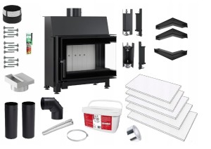 Zestaw 3: Wkład kominkowy powietrzny stalowy Simple S prawy BS + dolot z przejściem na rurę fi 125, termotec, pojedyncza szyba typu glass, wylot fi 150, moc 6 kw + akcesoria  