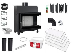 Zestaw 4: Wkład kominkowy powietrzny stalowy Simple S prawy BS + dolot z przejściem na rurę fi 125, termotec, pojedyncza szyba typu glass, wylot fi 150, moc 6 kw + akcesoria 
