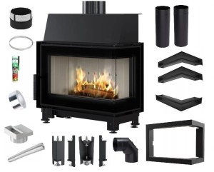 Zestaw 5: Wkład kominkowy powietrzny stalowy Simple S prawy BS + dolot, termotec, pojedyncza szyba typu glass, wylot fi 150, moc 6 kw + akcesoria 