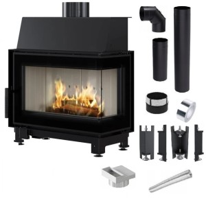 Zestaw 7: Wkład kominkowy powietrzny stalowy Simple S prawy BS + dolot z przejściem na rurę fi 125, termotec, pojedyncza szyba typu glass, wylot fi 150, moc 6 kw + akcesoria 