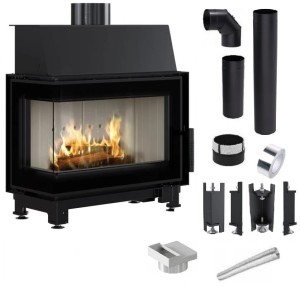 Zestaw 7: Wkład kominkowy powietrzny stalowy Simple S lewy BS + dolot z przejściem na rurę fi 125, termotec, pojedyncza szyba typu glass, wylot fi 150, moc 6 kw + akcesoria