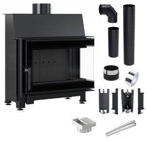 Zestaw 1: Wkład kominkowy powietrzny stalowy Simple S prawy BS + dolot z przejściem na rurę fi 125, czarny termotec, pojedyncza szyba typu glass, wylot fi 150, moc 6 kw + akcesoria