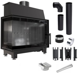 Zestaw 1: Wkład kominkowy powietrzny stalowy Simple S lewy BS + dolot z przejściem na rurę fi 125, czarny termotec, pojedyncza szyba typu glass, wylot fi 150, moc 6 kw + akcesoria