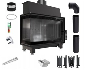 Zestaw 2: Wkład kominkowy powietrzny stalowy Simple S lewy BS + dolot z przejściem na rurę fi 125, czarny termotec, pojedyncza szyba typu glass, wylot fi 150, moc 6 kw + akcesoria 