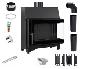 Zestaw 2: Wkład kominkowy powietrzny stalowy Simple S prawy BS + dolot z przejściem na rurę fi 125, czarny termotec, pojedyncza szyba typu glass, wylot fi 150, moc 6 kw + akcesoria