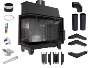 Zestaw 4: Wkład kominkowy powietrzny stalowy Simple S lewy BS + dolot z przejściem na rurę fi 125, czarny termotec, pojedyncza szyba typu glass, wylot fi 150, moc 6 kw + akcesoria 