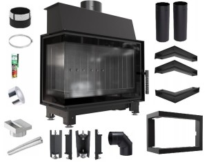 Zestaw 3: Wkład kominkowy powietrzny stalowy Simple S lewy BS + dolot z przejściem na rurę fi 125, czarny termotec, pojedyncza szyba typu glass, wylot fi 150, moc 6 kw + akcesoria 