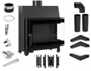 Zestaw 4: Wkład kominkowy powietrzny stalowy Simple S prawy BS + dolot z przejściem na rurę fi 125, czarny termotec, pojedyncza szyba typu glass, wylot fi 150, moc 6 kw + akcesoria