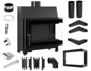 Zestaw 3: Wkład kominkowy powietrzny stalowy Simple S prawy BS + dolot z przejściem na rurę fi 125, czarny termotec, pojedyncza szyba typu glass, wylot fi 150, moc 6 kw + akcesoria 