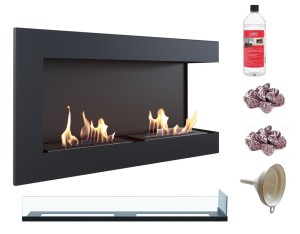 biokominek narożny DELTA  prawa 900 czarny z szybą z certyfikatem TÜV + kamyki czerwone