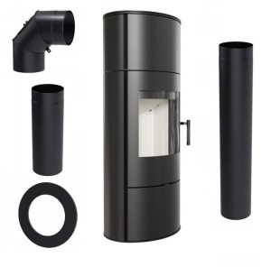 Zestaw 1: Piec wolnostojący Koza Rollo z krążkami akumulacyjnymi, termotec, wylot spalin fi 150 + dolot, moc 7kW + akcesoria