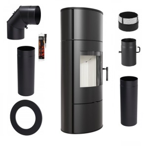 Zestaw 3: Piec wolnostojący Koza Rolloz krążkami akumulacyjnymi, termotec, wylot spalin fi 150 + dolot, moc 7kW + akcesoria 