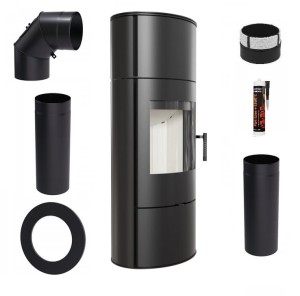 Zestaw 2: Piec wolnostojący Koza Rollo z krążkami akumulacyjnymi, termotec, wylot spalin fi 150 + dolot, moc 7kW + akcesoria 