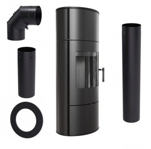 Zestaw 1: Piec wolnostojący Koza Rollo z krążkami akumulacyjnymi,  czarny termotec, wylot spalin fi 150 + dolot, moc 7kW  + akcesoria