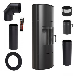 Zestaw 3: Piec wolnostojący Koza Rollo z krążkami akumulacyjnymi,  czarny termotec, wylot spalin fi 150 + dolot, moc 7kW  + akcesoria 