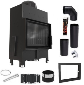 Zestaw 4: wkład kominkowy powietrzny stalowy Floki S z czarnym termotec + dolot, wylot fi 160, moc 8 kW  + akcesoria