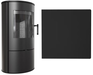 Zestaw 6: Piec wolnostojący Koza Rollo z czarnym TERMOTEC z wylotem spalin fi 150 + dolot, moc 7kW  + podstawa stalowa 9 KWADRAT 80x80cm