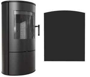 Zestaw 7: Piec wolnostojący Koza Rollo z czarnym TERMOTEC z wylotem spalin fi 150 + dolot, moc 7kW  + podstawa stalowa 8 ZAOKRĄGLONA 80x100cm