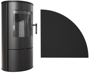 Zestaw 8: Piec wolnostojący Koza Rollo z czarnym TERMOTEC z wylotem spalin fi 150 + dolot, moc 7kW  + podstawa stalowa 4 ŁUK 100x100cm