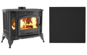 Zestaw 6: Piec wolnostojący Koza K9 z wylotem spalin fi 150, moc 10kW + podstawa stalowa wzór 9 kwadrat 80x80 cm  czarna