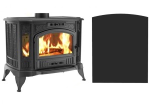 Zestaw 7: Piec wolnostojący Koza K9 z wylotem spalin fi 150, moc 10kW + podstawa stalowa wzór 8 zaokrąglona 80x100 cm czarna