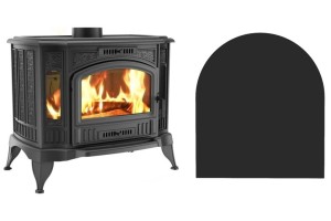 Zestaw 8: Piec wolnostojący Koza K9 z wylotem spalin fi 150, moc 10kW + podstawa stalowa wzór 5 półokrągła 80x90 cm czarna