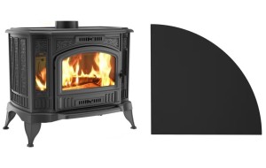 Zestaw 9: Piec wolnostojący Koza K9 z wylotem spalin fi 150, moc 10kW + podstawa stalowa wzór 4 łuk 100x100 cm czarna 