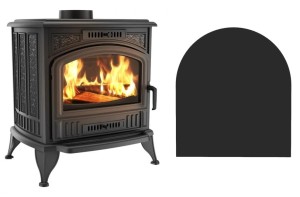 Zestaw 10: Piec wolnostojący Koza K6 z wylotem spalin fi 150, moc 8 kW + podstawa stalowa czarna wzór  5 półokrągła 80x90 cm czarna