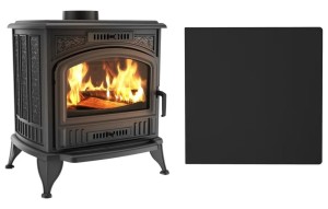 Zestaw 11: Piec wolnostojący Koza K6 z wylotem spalin fi 150, moc 8 kW + podstawa stalowa czarna wzór 9 kwadrat 80x80 cm czarna 