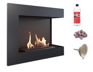 biokominek narożny DELTA  prawa 600x280 czarny z certyfikatem TÜV + czerwone kamyki