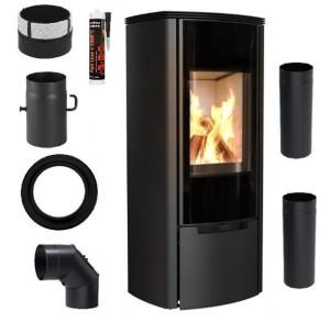 Zestaw 2: Piec wolnostojący ENYO-R panoramiczny glass z wylotem spalin fi 150 + dolot, moc 8kW + akcesoria 