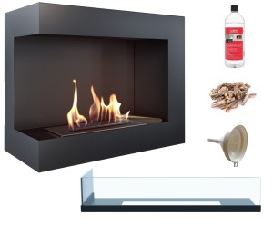 biokominek narożny DELTA  lewa 600 czarny z szybą z certyfikatem TÜV + kamyki brązowe