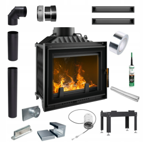 Zestaw 6: Wkład kominkowy powietrzny żeliwny z szybrem Antek DECO + dolot, wylot fi 180, moc 10kw + akcesoria