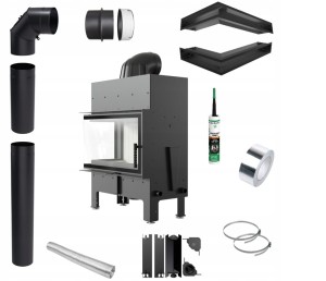 Zestaw 2: wkład kominkowy powietrzny stalowy Floki M lewy BS z termotec + dolot, wylot fi 200,moc 10 kW + akcesoria