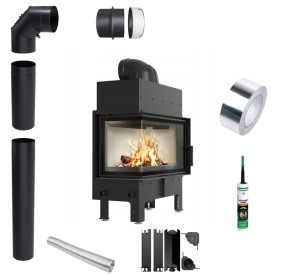 Zestaw 3: wkład kominkowy powietrzny stalowy Floki M lewy BS z termotec + dolot, wylot fi 200,moc 10 kW + akcesoria