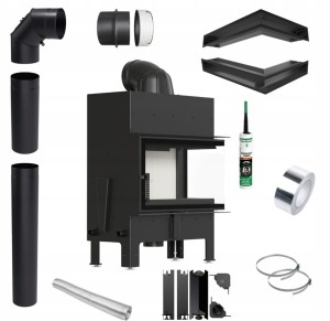 Zestaw 2: wkład kominkowy powietrzny stalowy Floki M prawy BS z  termotec + dolot, wylot fi 200,moc 10 kW  + akcesoria