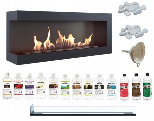 biokominek narożny DELTA  lewa 1200 czarny z szybą z certyfikatem TÜV + zestaw biopaliw