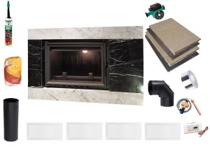 Kominek - zestaw - wkład z płaszczem wodnym EKO 8 kw z rama asymetryczną Omega + akcesoria montażowe 