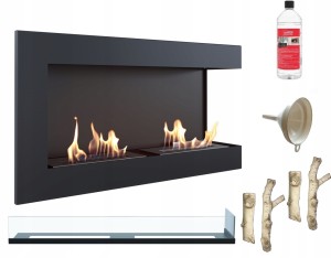 biokominek narożny DELTA  prawa 900 czarny z szybą z certyfikatem TÜV + drewienka ceramiczne