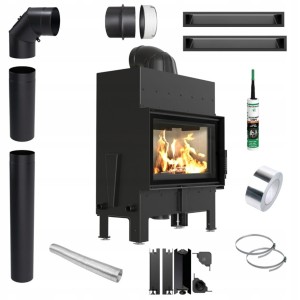 Zestaw 2: wkład kominkowy powietrzny stalowy Floki M z termotec + dolot, wylot fi 200, moc 10kW + akcesoria
