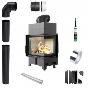zestaw 3: wkład kominkowy powietrzny stalowy Floki S prawy BS z termotec + dolot, wylot fi 160, moc 8 kW + akcesoria